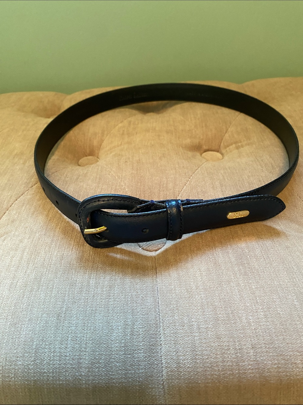 Ralph Lauren Navy Leather Belt with Gold Accent
